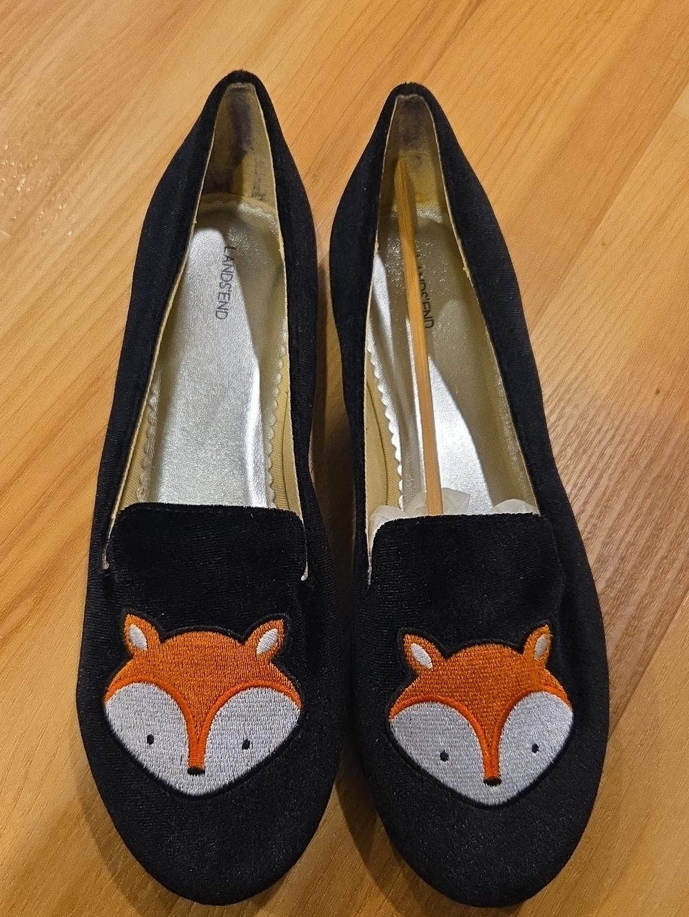 Lands' End Black Loafers with Orange & Cream Fox Embroidery